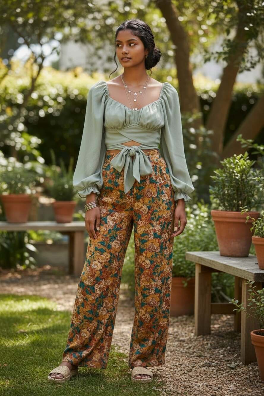 RUMOR Sage Tie Front Crop Top Puff Sleeve Boho Cottagecore Reformation Style